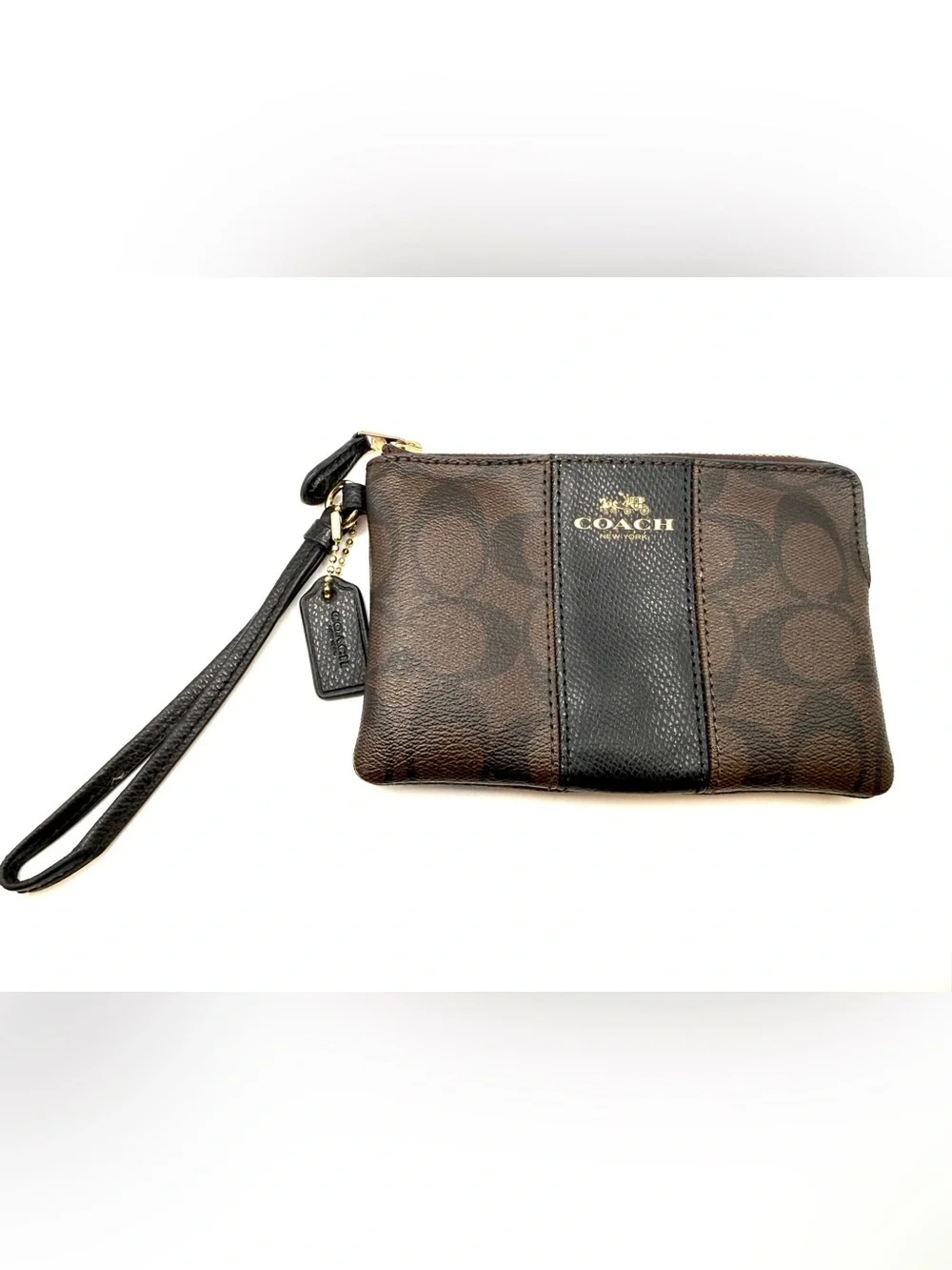 Coach Brown Signature Wristlet Coin Purse with Black Center Panel